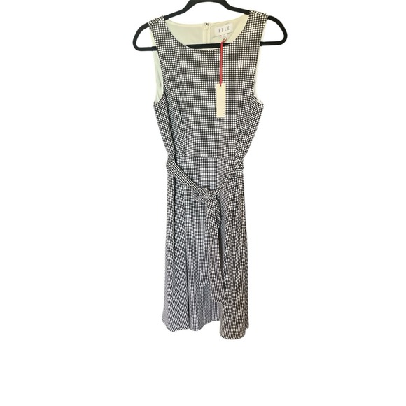ELLE‎ Women's Medium Sleeveless BLACK & WHITE GINGHAM DRESS with SASH BELT, New - Picture 2 of 5